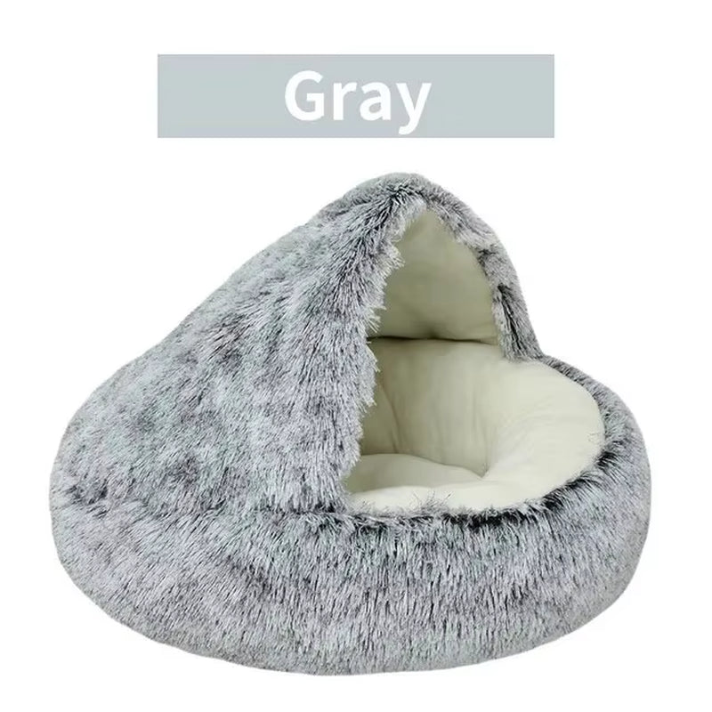 Plush Hooded Pet Bed round Fluffy Soft Cat Bed Pet Cushion Warm Cat Dog 2 in 1 Sleeping Nest Cave for Small Dogs