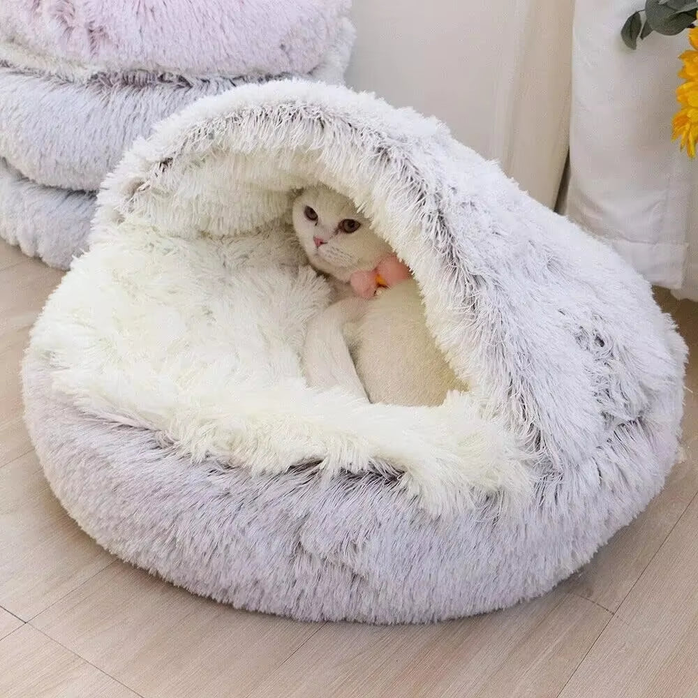 Plush Hooded Pet Bed round Fluffy Soft Cat Bed Pet Cushion Warm Cat Dog 2 in 1 Sleeping Nest Cave for Small Dogs