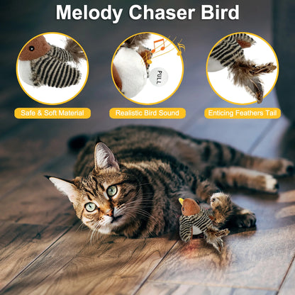 Interactive Electronic Cat Toy, Automatic Chirping Bird Toy Squeaky with Feather Tail, Melody Chaser Toy for Cats to Play Alone, Play and Squeak Kitten Toy for Boredom